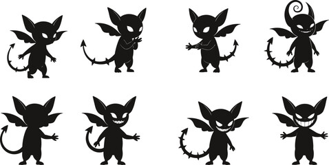 Cartoon Devil Creature Silhouettes with Wings, Horns, and Tails, Black Figures in Stylized Poses, Fantasy Character Design, Mischievous Expression