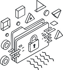 A secure card with a lock surrounded by various geometric shapes in minimalist isometric vector style, suitable for technology and cybersecurity projects