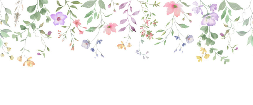 Delicate watercolor floral seamless border with wildflowers. Hand drawn illustration. Vector EPS.