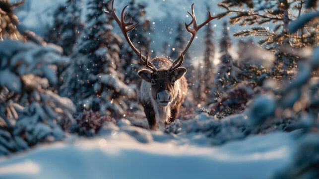 Majestic reindeer running through a snowy forest in a winter fantasy landscape filled with magic and tranquility during the early morning light