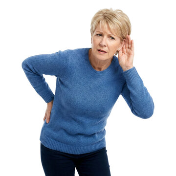 senior woman holding hand to ear struggling to hear on Isolated transparent background png. generated with AI