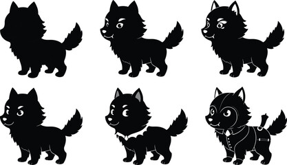 Cartoon Dog Character Design Progression from Sketch to Formal Suit, Black Silhouette with Yellow Eyes, Stylized Poses, Creative Development