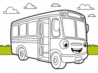Cute Cartoon School Bus with Happy Face Big Eyes Smiling Mouth Open Door on Grassy Field under Clouds Black White Coloring Page
