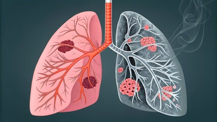 Illustration of cancerous tumors growing in human lungs with smoke damage shown