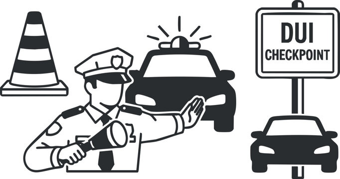 A police officer directing traffic at a DUI checkpoint in black and white minimalist vector style, suitable for law enforcement awareness materials