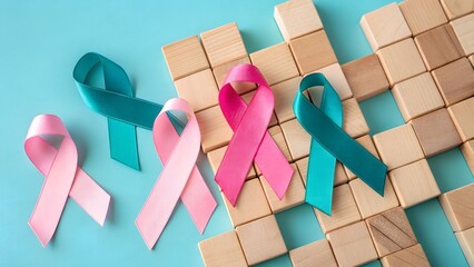 Teal and pink ribbons symbolize breast cancer awareness on wooden blocks