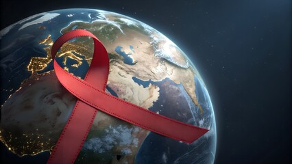 Red ribbon symbolizing aids awareness on a world globe against dark space