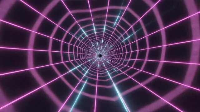 Seamlessly looping motion graphic showing bright pink and cyan neon grids moving quickly through an infinite futuristic tunnel environment template, background, glowing