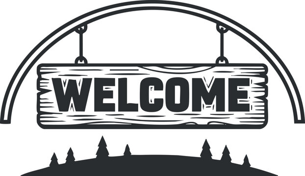 A wooden welcome sign with a curved arch and trees in black and white minimalist vector style, ideal for outdoor and hospitality branding