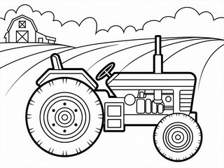 Detailed Black and White Line Art of Classic Farm Tractor with Large Rear Wheels on Plowed Field Near Barn Under Cloudy Horizon
