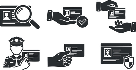 A set of police and identity verification icons in flat black and white vector style, ideal for security and law enforcement applications