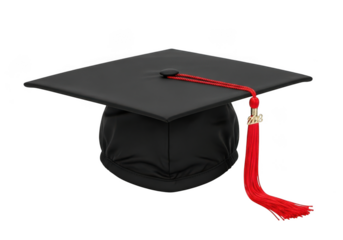 A black academic graduation cap with a vibrant red tassel hangs elegantly symbolizing educational achievement and commencement ceremonies isolated on transparent background