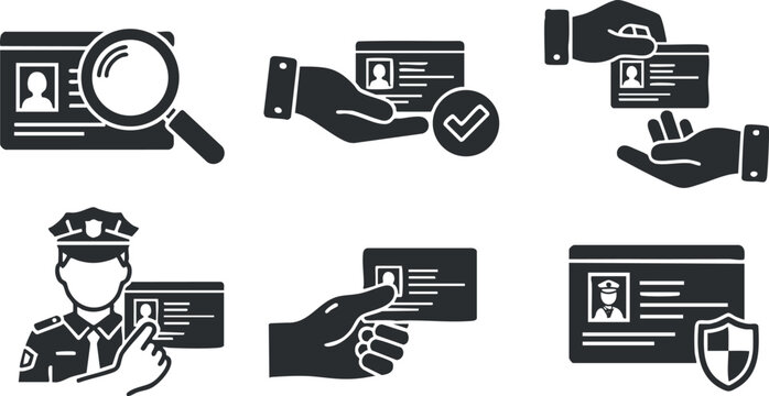 A set of police and identity verification icons in flat black and white vector style, ideal for security and law enforcement applications