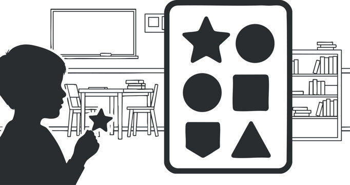 A child holding a star shape in a minimalist black and white vector style classroom scene, ideal for educational materials and children's learning resources