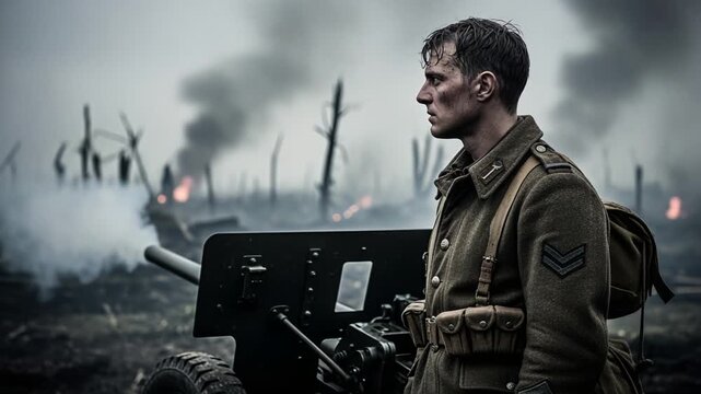 An unwavering military figure stands amidst chaos and destruction