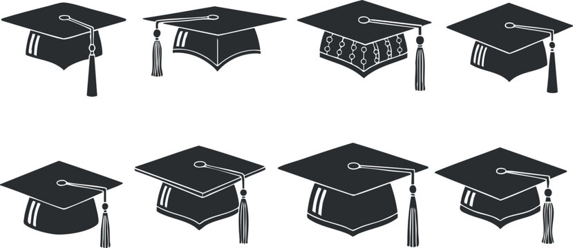A set of graduation caps with tassels in black vector style, ideal for educational designs and graduation announcements