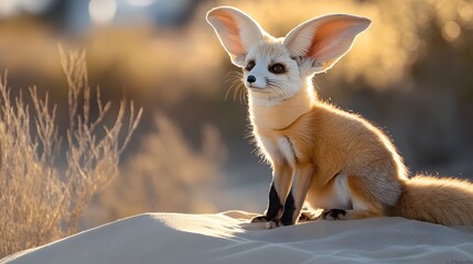 Fennec fox sitting in desert landscape