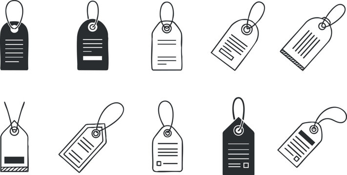 A set of various tags and labels in black and white minimalist vector style, suitable for retail and branding projects