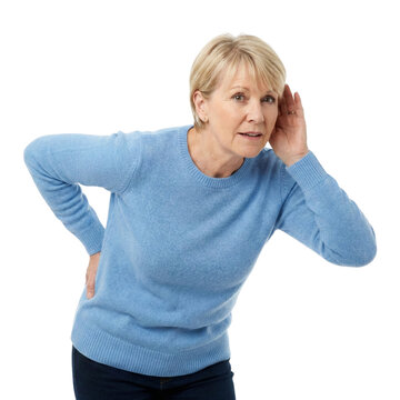 senior woman holding hand to ear struggling to hear on Isolated transparent background png. generated with AI