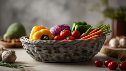 Wicker basket filled with fresh colorful vegetables on table