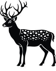 Detailed black and white vector silhouette of a spotted Sika deer stag with large antlers, perfect for a striking logo, emblem, or nature-themed apparel design.