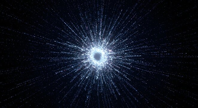 Abstract cosmic explosion forming bright starburst of luminous shimmering particles radiating outwards from central point against black background