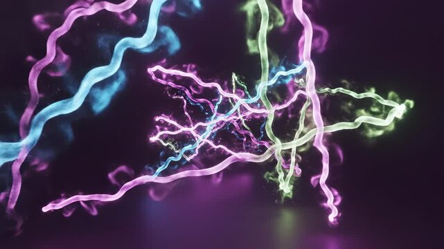 Seamlessly looping organic neon light trails following complex nonlinear pathways against a deep violet background abstract, nonlinear, deep