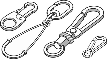 Set of various quick release carabiners, snap hooks, and key chain components vector illustration