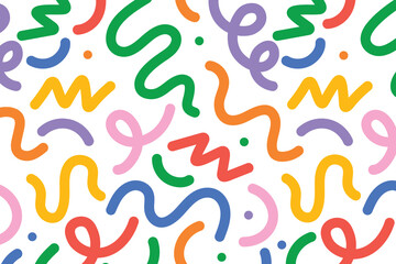 A vibrant and playful pattern featuring colorful, abstract wavy lines against a white backdrop.