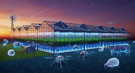 Futuristic Farm with Drones, Sheep, and Greenhouses at Sunset.
