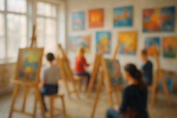 Blurred art class with students painting on easels in studio