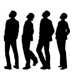 Four people, men and women, standing looking up, vector silhouettes of business people in jackets and trousers, profile, black color, isolated on white background