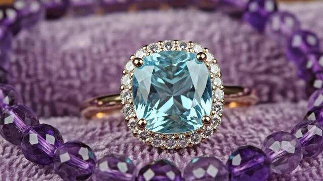 Elegant aquamarine and diamond halo ring on purple fabric with amethyst beads