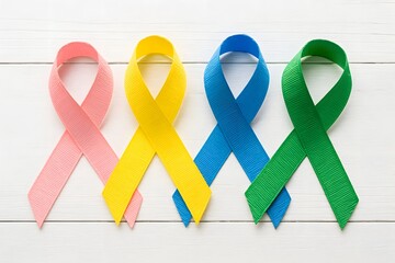 Colorful awareness ribbons on white wooden background