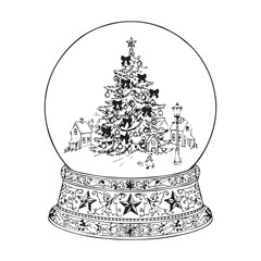 A vintage snow globe with a beautifully decorated Christmas tree and a snowy village scene inside silhouette vector art illustration.