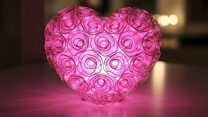 Decorative pink heart shaped lamp illuminates the dark room at night