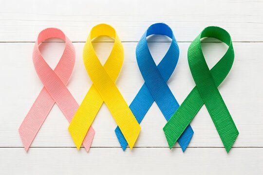 Colorful awareness ribbons on white wooden background