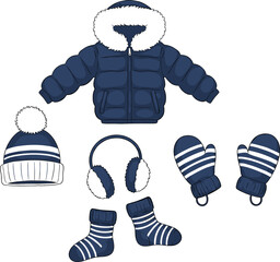 Cute Winter Clothing and Accessories Vector Illustration Set: Warm Puffer Jacket, Beanie Hat, Mittens, and Socks Collection.