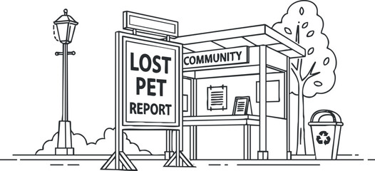 A community lost pet report board with a sign and surrounding elements in black and white outline vector style, ideal for public awareness campaigns