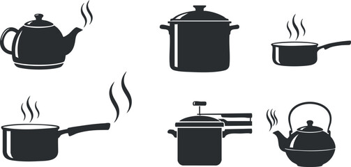 A set of cooking pots and kettles with steam in black silhouette vector style, perfect for culinary designs and kitchen themes