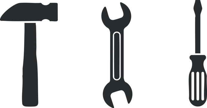 A collection of a hammer, wrench, and screwdriver in black silhouette vector style, ideal for repair and construction projects