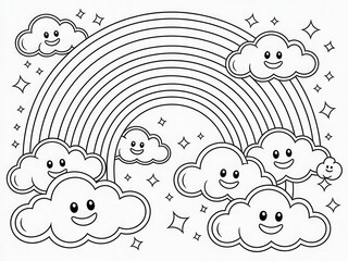 Cartoon Outline of Vibrant Rainbow Arched with Adorable Smiling Clouds Happy Faces Sparkling Stars Kids Coloring Page