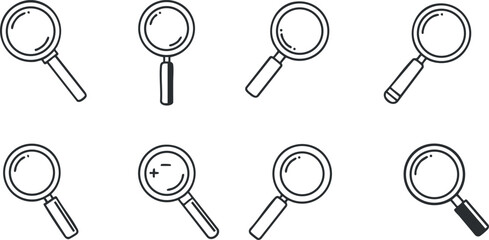 A set of magnifying glass icons in black outline vector style, ideal for search and investigation themes