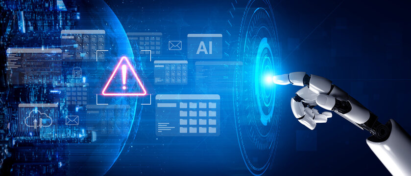 A robotic hand interacts with a digital interface filled with warning signs and artificial intelligence elements, representing modern technology and innovation. Gantry