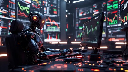 Robotic analyst oversees stock movements in dimly lit environment - Powered by Adobe