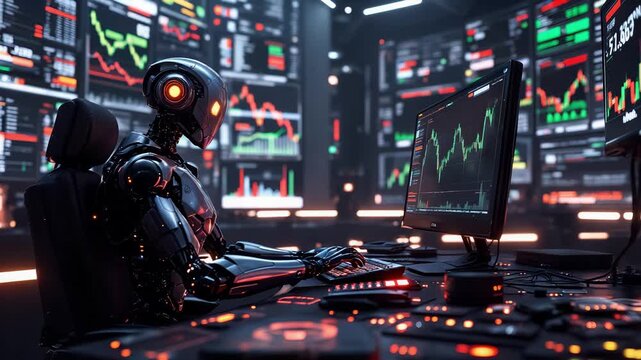 Robotic analyst oversees stock movements in dimly lit environment