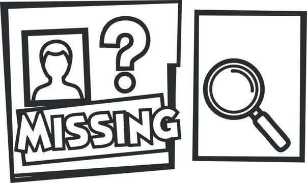 A missing person poster illustration featuring a silhouette, question mark, and magnifying glass in black and white outline vector style, ideal for community awareness campaigns
