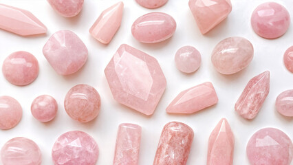 background with rose quartz stones. Rose quartz crystals
