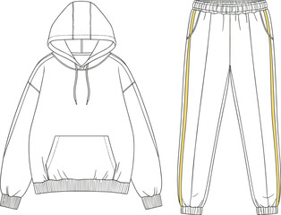 Oversized Hoodie and Striped Track Pants Fashion Flat Sketch Vector Set: Modern Athleisure Streetwear Apparel Design Template.