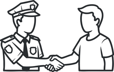A police officer and a citizen shaking hands in a minimalist outline vector style, ideal for community engagement themes